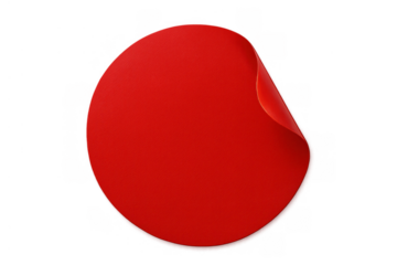 Red round sticker peeling from surface with curled edge, blank circular label, advertising, discount, special offer, price tag mock up