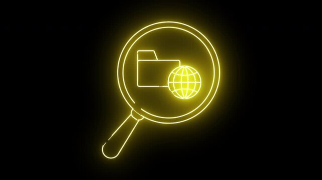 A yellow neon magnifying glass encircles a folder icon with a globe set against a black background