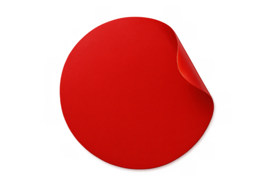 Red round sticker peeling from surface with curled edge, blank circular label, advertising, discount, special offer, price tag mock up