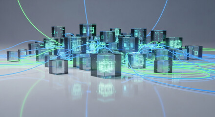Abstract Illustration of Connected Cubes and Lines Representing Digital Network and Technology