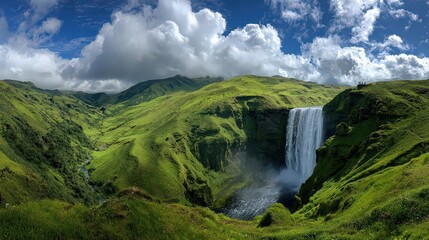 Fototapeta premium Panoramic View of Lush Green Hills and Waterfall under a Cloudy Sky Displaying Nature's Beauty