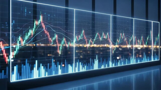 Digital stock market trading graph with candlesticks and volume bars on a futuristic screen - Powered by Adobe
