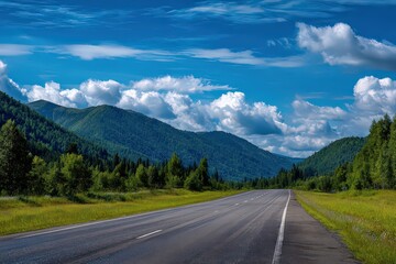 Scenic Country Road Through Verdant Landscape Under Cloudy Blue Sky on Sunny Day Serene Mountain Views Asphalt Roadway with Trees and Grass on Sides