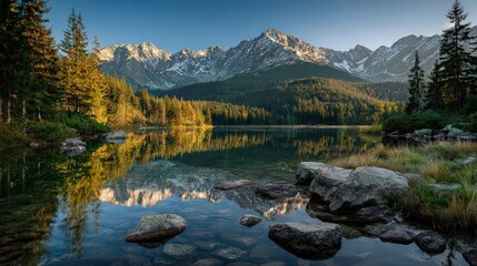 Fototapeta premium Scenic Mountain Lake Landscape with Reflective Water and Forest Sunlight in Daytime