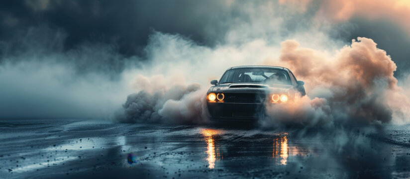 Unleashed Power: A car performs a powerful burnout, enveloped in thick plumes of smoke against a dramatic sky. This high-octane scene evokes speed and controlled chaos.