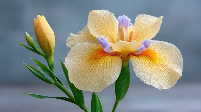 Close Up Macro Shot of a Delicate Yellow Iris Flower in Full Bloom with a Bud and Dew Drops on Petals Soft Blue Gradient Background