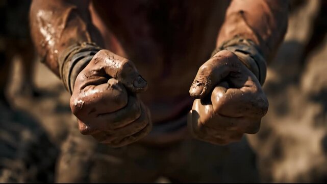 Determined athlete clenches muddy fists during obstacle course race.
