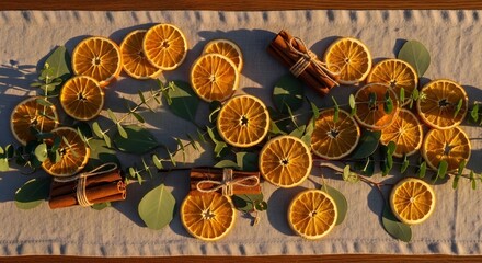 Dried orange slices and cinnamon sticks arranged on a light gray tablecloth with green eucalyptus leaves