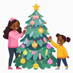 African American mother and daughter joyfully decorating a Christmas tree with colorful ornaments and pastel candy decorations, creating a festive atmosphere together