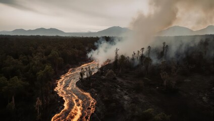 Lava Flowing Through Forest - A Volcanic Landscape.
