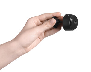 Woman with hidden spy camera on white background, closeup