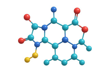 Riboflavin molecule ball-and-stick model, showing chemical structure of vitamin b2 on transparent background