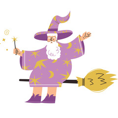 Whimsical Wizard Flying on Broomstick with Magic Wand Casting Spells Under a Starlit Sky with Sparkles and Golden Stars on Purple Robes