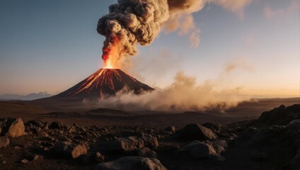 Majestic Volcano Erupting with Fiery Lava and Ash Cloud at Sunset.