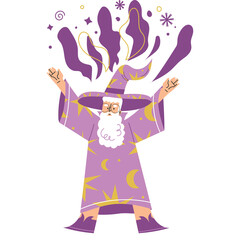 Wizard Casting Spell With Purple Robes And Stars Moon Magic Effects In The Air