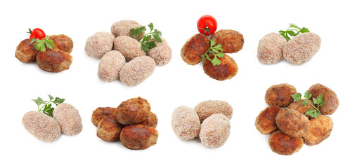 Fresh raw and fried meat patties isolated on white, set