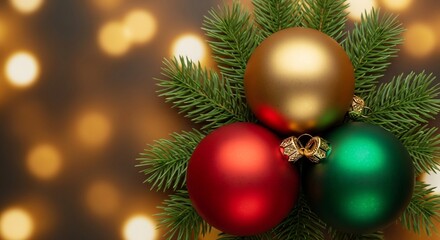 Festive arrangement of gold red and green Christmas ornaments nestled among vibrant evergreen boughs against a blurred background