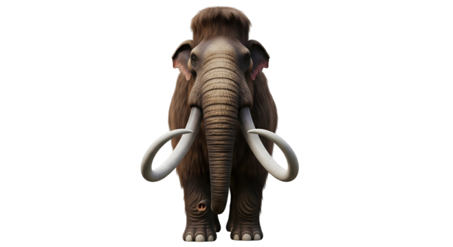 An imposing mammoth stands proudly, a majestic beast of the prehistoric era. Its tusks are long, curved, and impressive