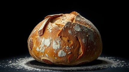 Closeup of a freshly baked loaf of bread dusted with flour, showcasing its golden crust and rustic charm on dark background