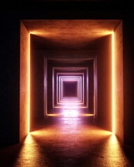 Fototapeta premium Futuristic neon tunnel with glowing symmetry and infinite perspective in orange and purple light