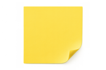 Yellow square sticky note with curled corner for reminder messages on transparent background