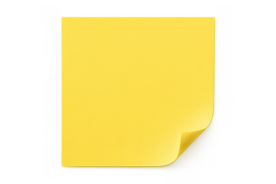 Yellow square sticky note with curled corner for reminder messages on transparent background - Powered by Adobe