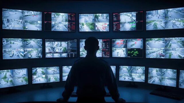 Security guard monitors multiple surveillance camera feeds on a wall of screens in a dark control room
