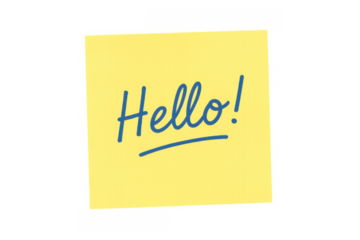 Yellow sticky note reading hello! message, showing greeting communication concept on transparent background