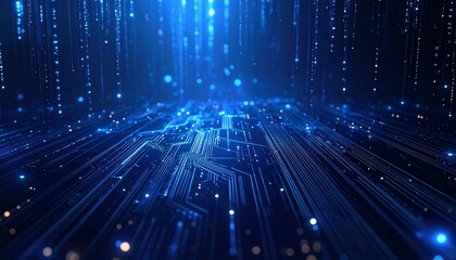 Glowing blue abstract technology particles flow through a futuristic digital circuit board with radiant lines and dots in a dark background.