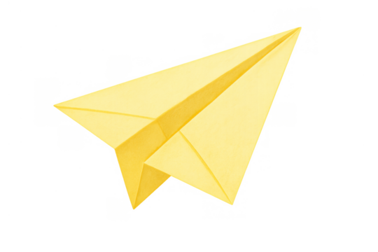 Yellow paper plane flying, representing travel, adventure, and childhood dreams, on transparent background