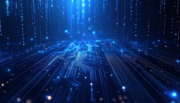 Glowing blue abstract technology particles flow through a futuristic digital circuit board with radiant lines and dots in a dark background.