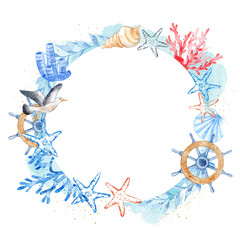Marine Watercolor Round Frame. Perfect for wedding, anniversary, invitation.