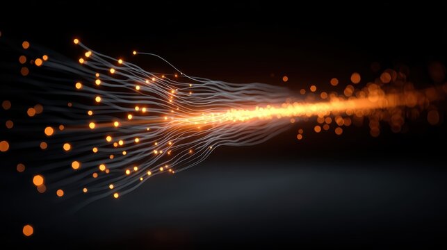 Dynamic abstract graphic of flowing light trails and glowing particles creating a sense of movement and energy in a dark background - Powered by Adobe