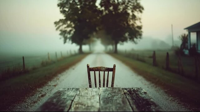 A lonely wooden chair and table on a mysterious foggy road.