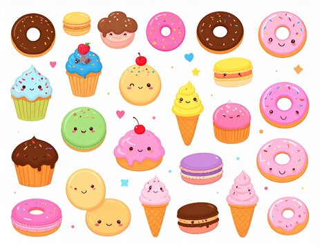 Cute Cartoon Dessert Clipart Set &ndash; Colorful Donuts, Cupcakes, Macarons, and Ice Cream Kawaii Illustration