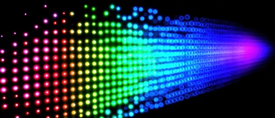 Vibrant multicolored light particles forming a dynamic digital wave pattern with neon glow effect and abstract futuristic background