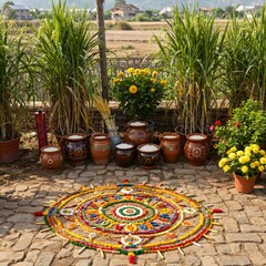 Pongal Festival – Traditional Pots, Sugarcane, and Rural Joy (AI Generated)