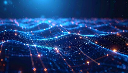 Glowing blue and orange abstract technology particles form a dynamic network pattern against a dark background with a cinematic lighting effect.