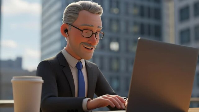 Enthusiastic 3D Businessman in Suit Using Laptop and Wireless Earbuds on Urban Rooftop Balcony