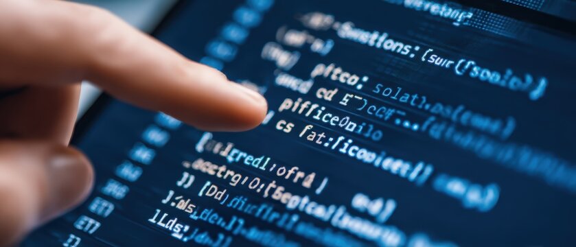 Highly detailed close-up of a person's finger pointing at computer code on a screen with programming language syntax in a digital environment