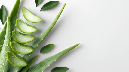 Luxury skincare concept flat lay with fresh aloe vera slices and organic botanical leaves, clean white minimal aesthetic, 8k, copy space