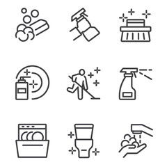 Cleaning housekeeping washing line icon isolated set. Vector flat graphic design
