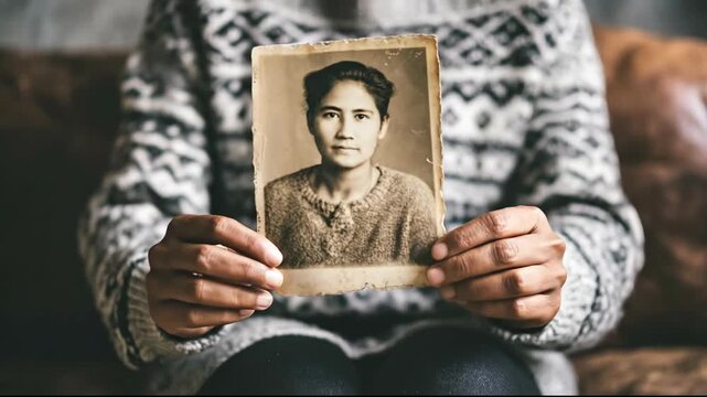 Person Holding an Old Sepia Photograph Remembering a Loved One.