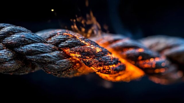Dramatic Close Up of a Thick Rope Burning and Breaking Apart.