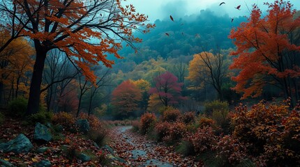 Enchanting autumn forest path with vibrant falling leaves and misty mountains