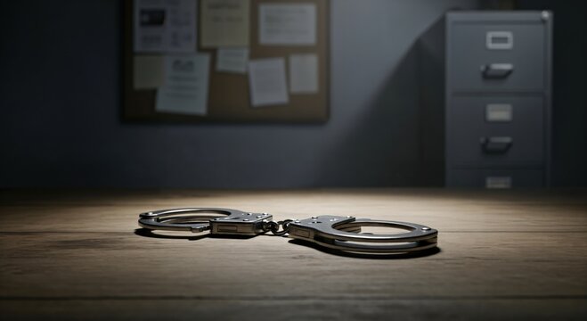 Shiny metal handcuffs resting on a rustic wooden table in a dimly lit police interrogation room, symbolizing law, crime, and justice.