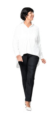 White shirt png mockup women's apparel on senior model