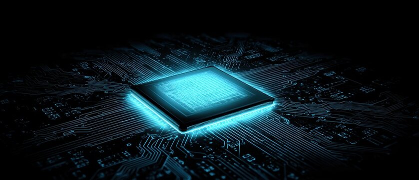 Close-up of a glowing blue microchip computer processor integrated circuit on a dark circuit board background with digital technology elements - Powered by Adobe