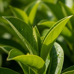 Obraz premium Close up of Lush Green Leaves with Water Droplets in Sunlight