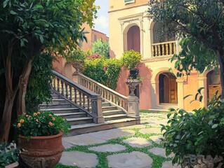 Naklejka premium Italian Courtyard with Stone Staircase